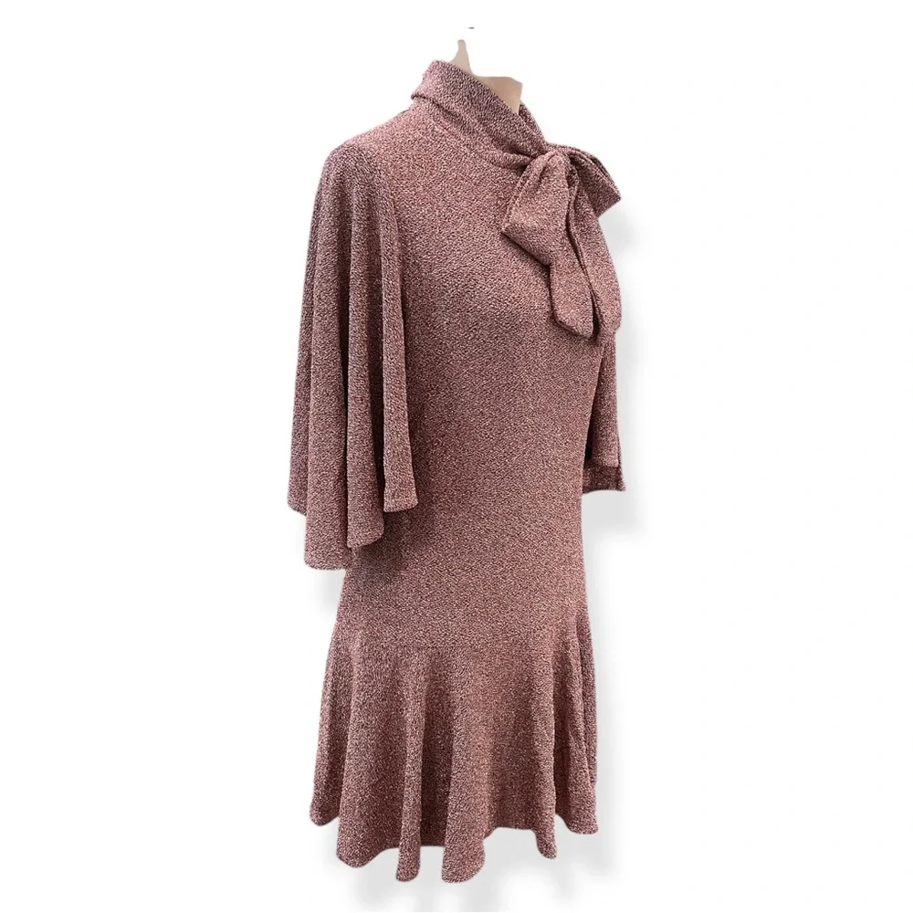 Black Halo Coralia Mini Dress Metallic Bow Neck Flounce Hem Copper Zest 12 NW - Picture 2 of 13